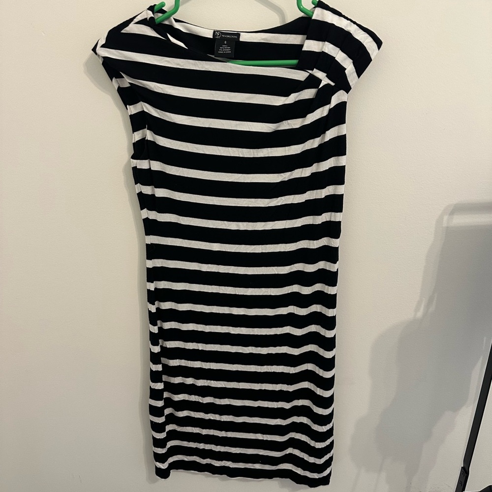 new directions Black & White Striped Cap-Sleeve Midi Dress
